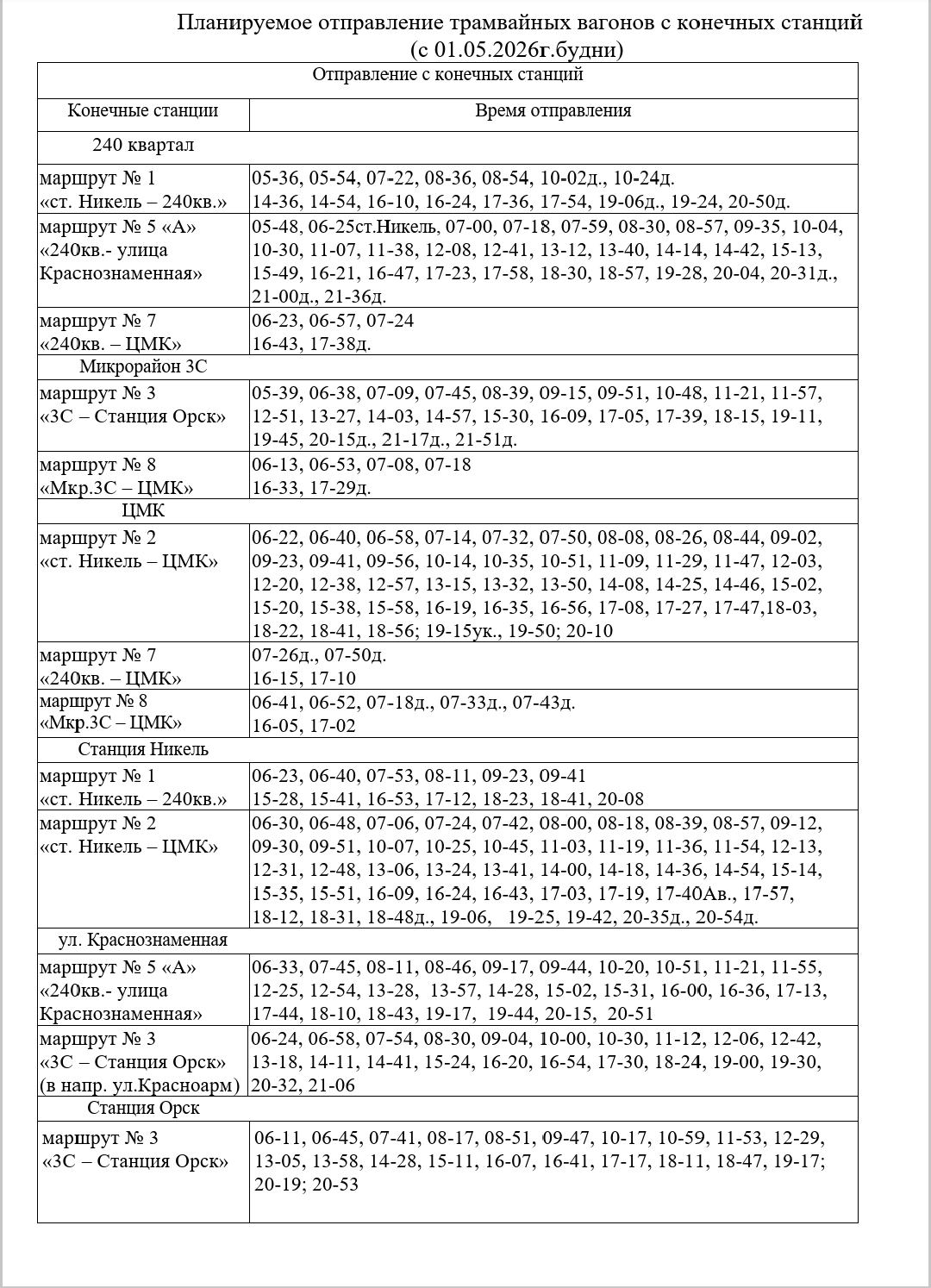 Новое расписание для трамваев 